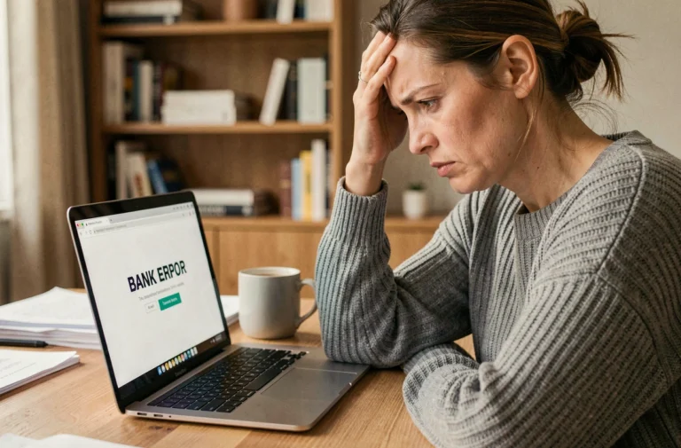 Femme frustrée face à un message d'erreur bancaire sur son ordinateur portable à domicile