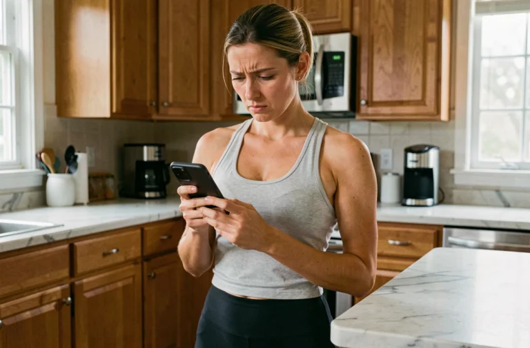 Femme regardant son téléphone avec une expression frustrée car son application de comptage de pas affiche des données incorrectes