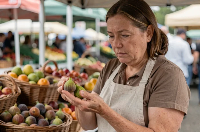 Femme au marché inspectant des figues vertes non mûres avec une expression prudente et attentive