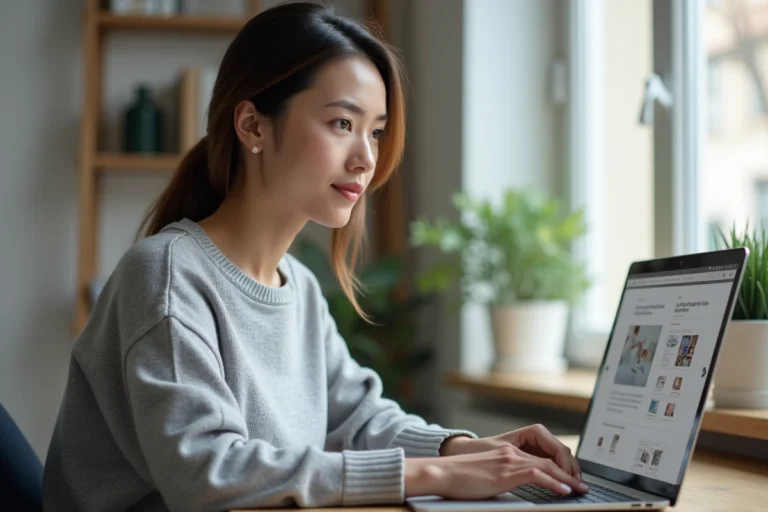 Femme naviguant sur le site Masca Online depuis son bureau à domicile avec un laptop ouvert