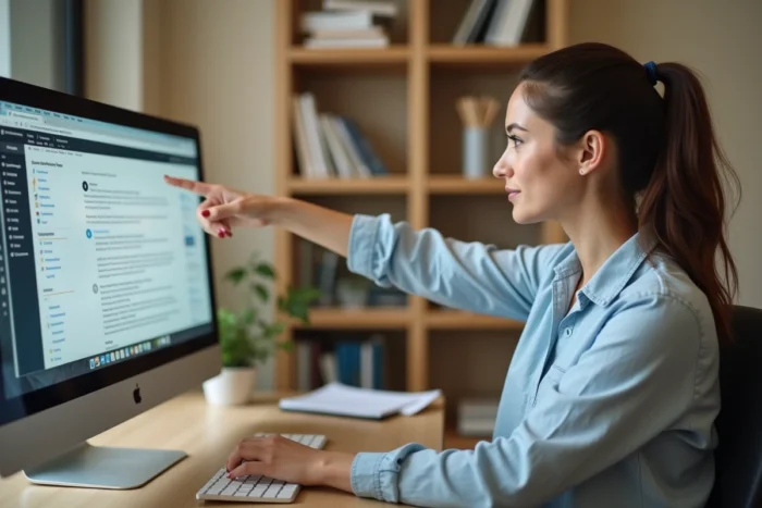 Femme naviguant sur le plan du site Tic et Net depuis son bureau à domicile