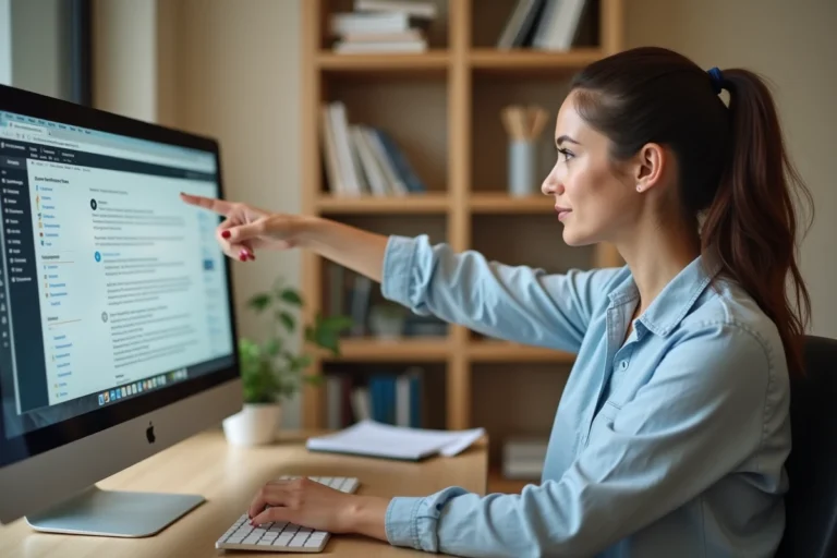 Femme naviguant sur le plan du site Tic et Net depuis son bureau à domicile