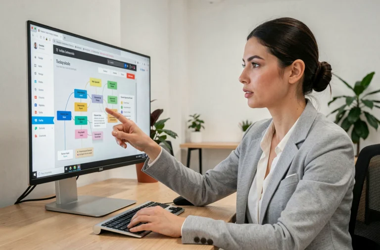 Femme naviguant sur un plan de site web complet depuis un bureau moderne, illustrant la navigation facile sur Veriscope