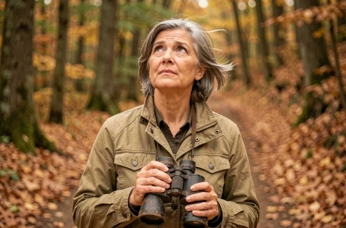 Femme ornithologue en forêt observant les oiseaux aux jumelles sur un sentier automnal