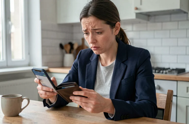 Femme inquiète tenant un portefeuille vide et un smartphone affichant une application bancaire après la perte de sa carte à la Banque Postale