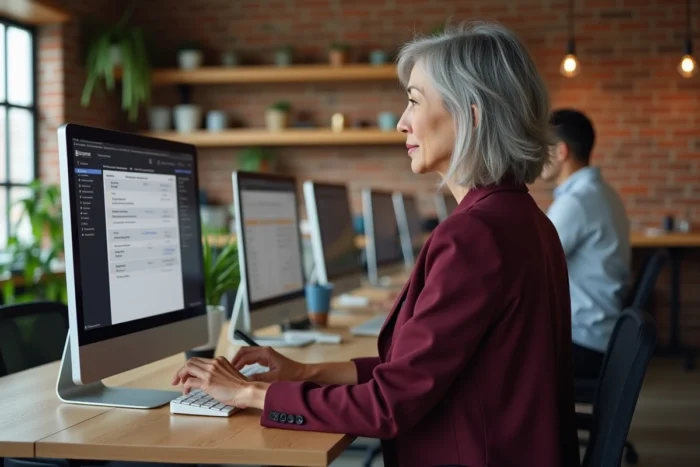 Femme adulte consultant une plateforme en ligne pour vérifier son éligibilité à la formation professionnelle continue dans un espace de coworking