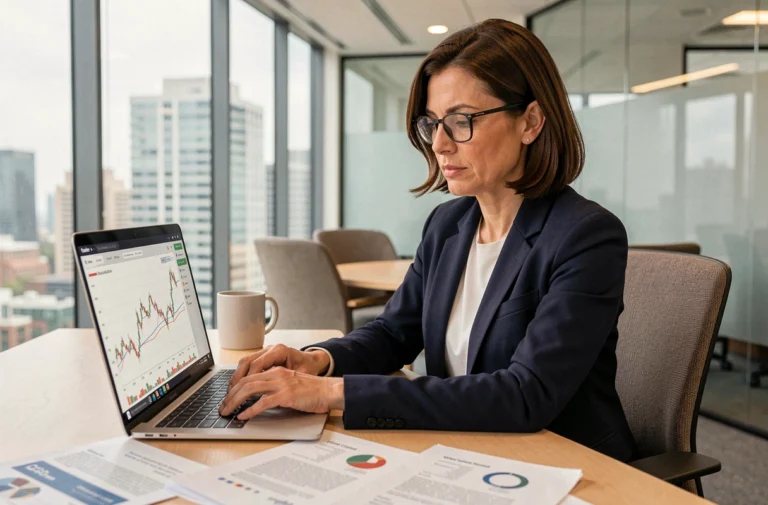 Femme professionnelle consultant des ressources financières fiables en ligne sur un ordinateur portable dans un bureau moderne