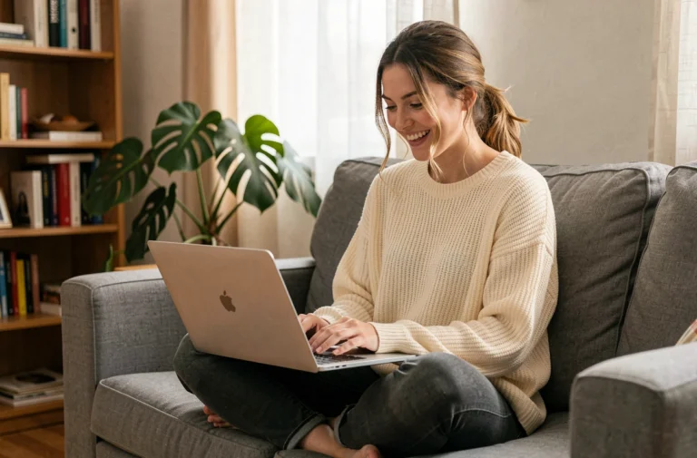 Jeune femme riant devant son ordinateur portable sur un canapé confortable en regardant des vidéos divertissantes du web