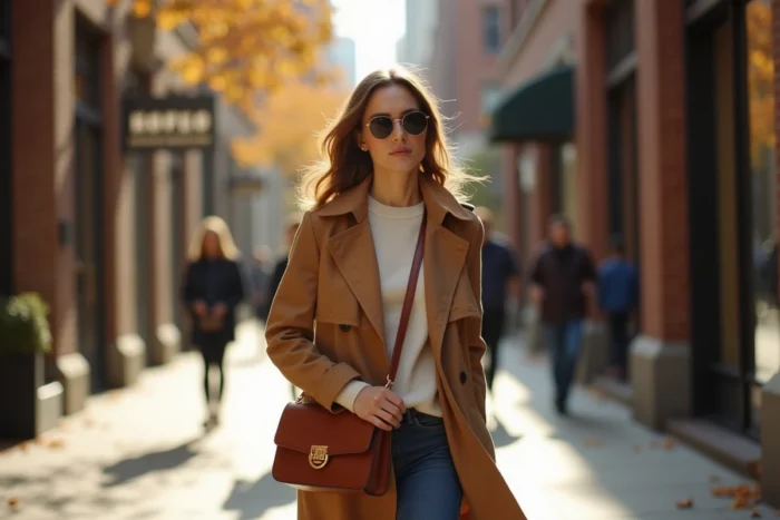 Femme élégante portant un sac Michael Kors en cuir cognac avec quincaillerie dorée en promenade dans une rue urbaine