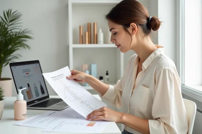 Jeune femme analysant l'architecture d'un sitemap pour un site beauté sur son bureau minimaliste