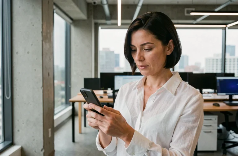 Femme explorant un smartphone pliable dans un bureau tech moderne aux murs en béton