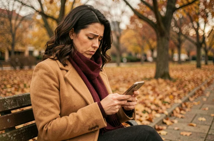 Femme lisant des rumeurs sur son téléphone dans un parc en automne, symbolisant le regard du public sur les polémiques du couple de Tom Benoit