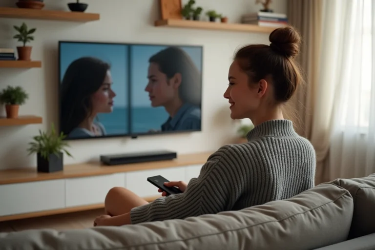 Jeune femme regardant un film en streaming légal sur sa télévision dans un salon cosy parisien
