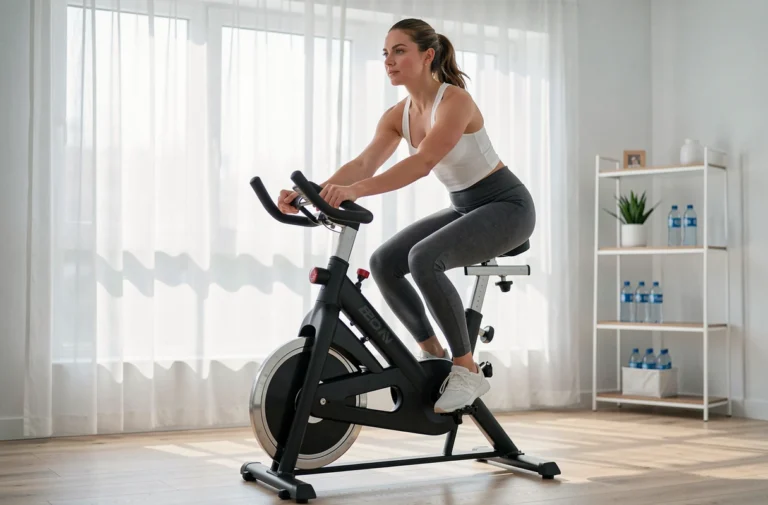 Femme utilisant un vélo d'appartement dans une salle de sport à domicile moderne et lumineuse