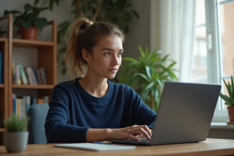 Femme utilisant un VPN sur son ordinateur portable dans un bureau à domicile pour protéger sa vie privée en ligne