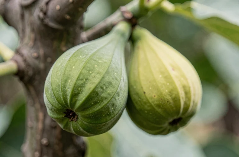 Figues non mûres vertes encore attachées à la branche avec une texture ferme et cireuse