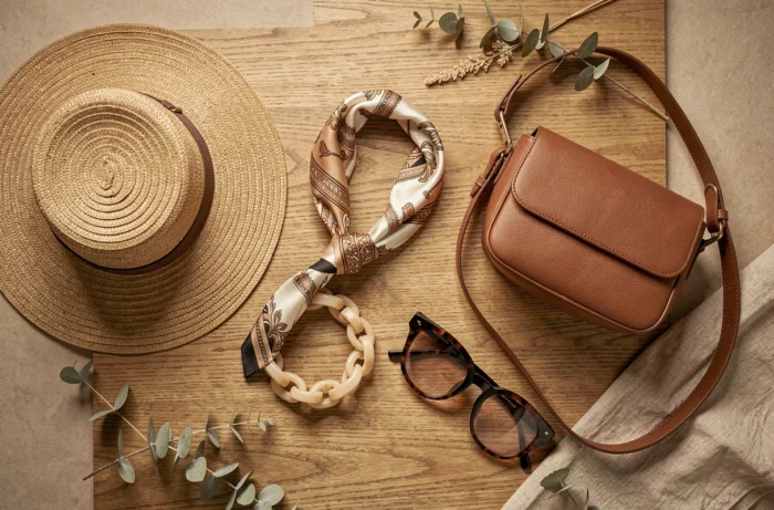 Flat-lay d'accessoires de mode saisonniers sur bois chaud avec chapeau de paille et sac en cuir cognac