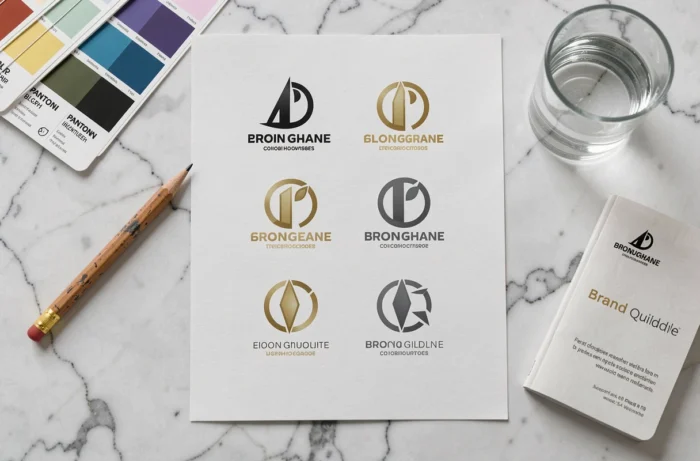 Flat lay professionnel de maquettes de logo et outils de design graphique sur marbre blanc