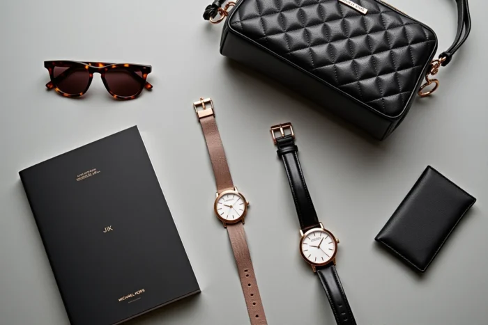 Flatlay d'accessoires Michael Kors incluant un sac en cuir noir, une montre rose gold et des lunettes de soleil écaille sur fond béton gris