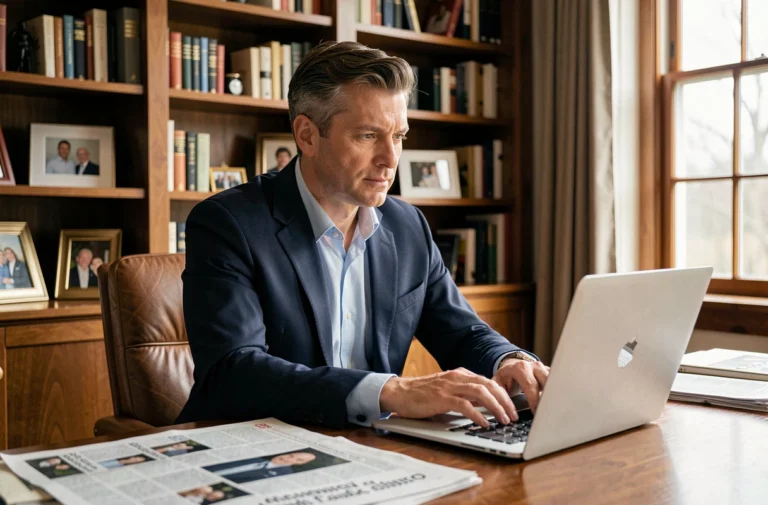 Journaliste médiatique français travaillant dans son bureau à domicile, entouré de livres et de photos de famille, illustrant l'équilibre entre vie professionnelle et personnelle