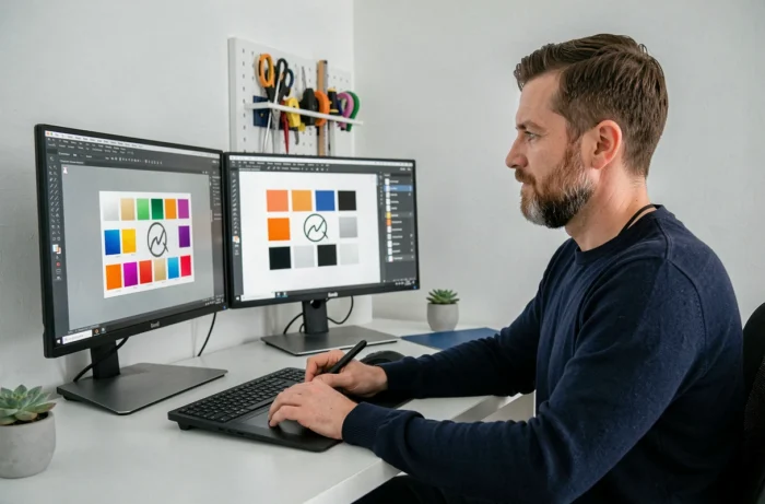 Graphiste masculin travaillant sur un logiciel de création de logo sur double écran à domicile