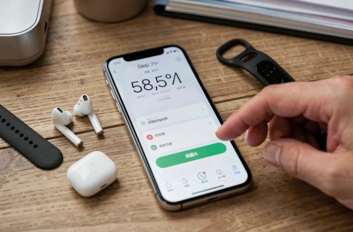 Gros plan d'un smartphone affichant une application de suivi des pas incorrecte posé sur un bureau en bois avec un bracelet connecté