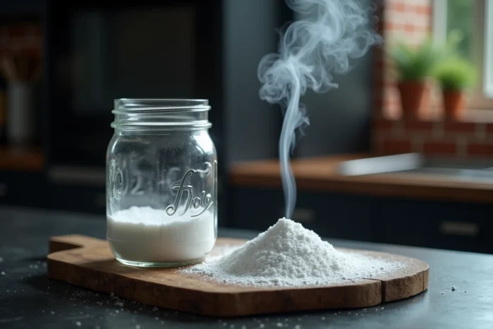 Gros plan d'un bocal en verre de bicarbonate de soude et de fumée blanche s'élevant d'un mélange de glace sèche sur un plan de travail ardoise