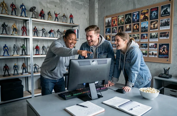 Groupe d'amis passionnés de séries TV réunis autour d'un écran d'ordinateur dans un loft décoré de figurines et d'affiches de séries