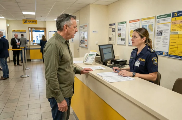 Client discutant avec un employé de La Poste au guichet pour signaler la perte de sa carte bancaire Banque Postale
