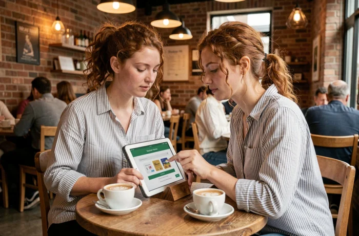 Jeune femme accédant à son espace Pass MultiCadeaux sur tablette dans un café urbain chaleureux