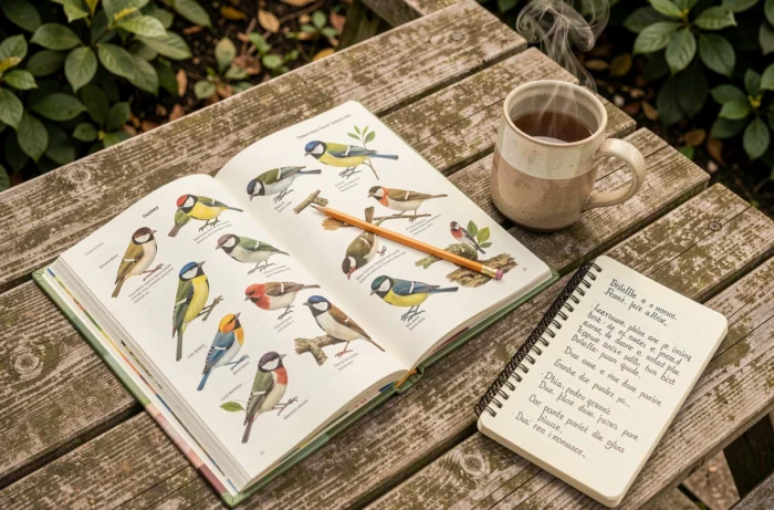 Guide ornithologique ouvert sur une table en bois avec carnet de notes et jumelles pour identifier les chants d'oiseaux
