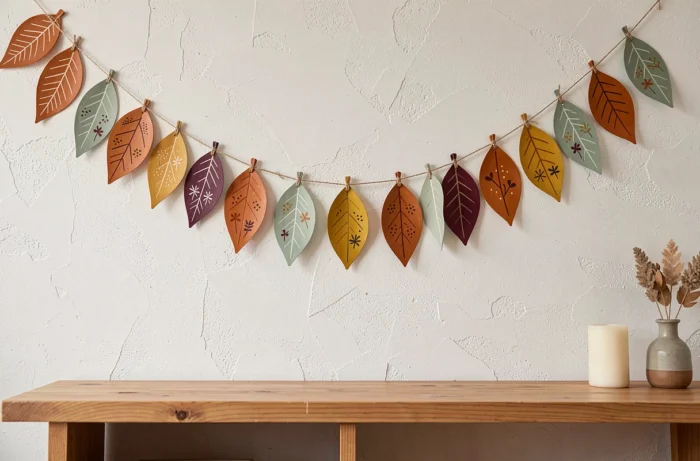 Guirlande automnale décorative composée de feuilles séchées peintes en rouge, jaune et vert suspendue à un mur blanc