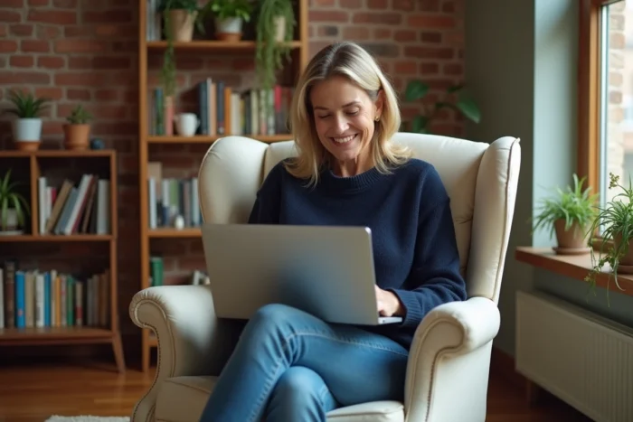 Femme détendue et amusée regardant un écran d'ordinateur dans un salon chaleureux, illustrant la réaction d'Hilary Swank à la scène comique de The Office