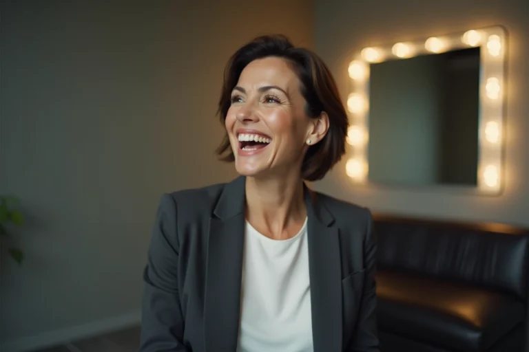 Femme brune souriante dans les coulisses d'un studio de télévision, évoquant la réaction humoristique d'Hilary Swank à une scène culte de The Office