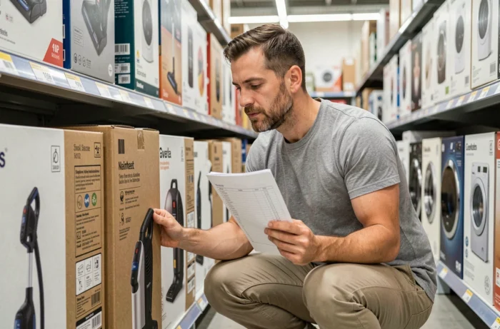 Homme lisant l'étiquette d'un aspirateur en magasin pour choisir le meilleur équipement selon son budget