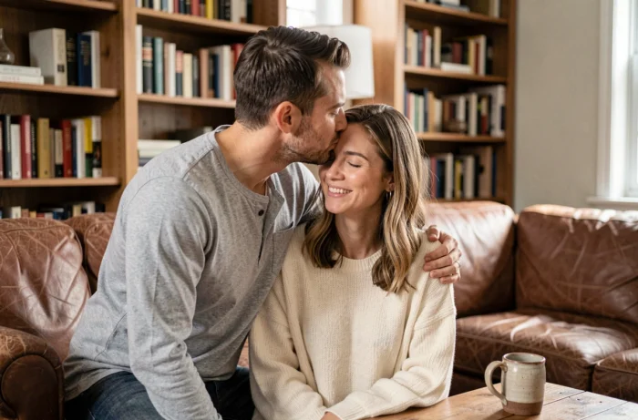 Homme embrassant tendrement le front de sa compagne dans un salon cosy, expression de bonheur et d'amour sincère