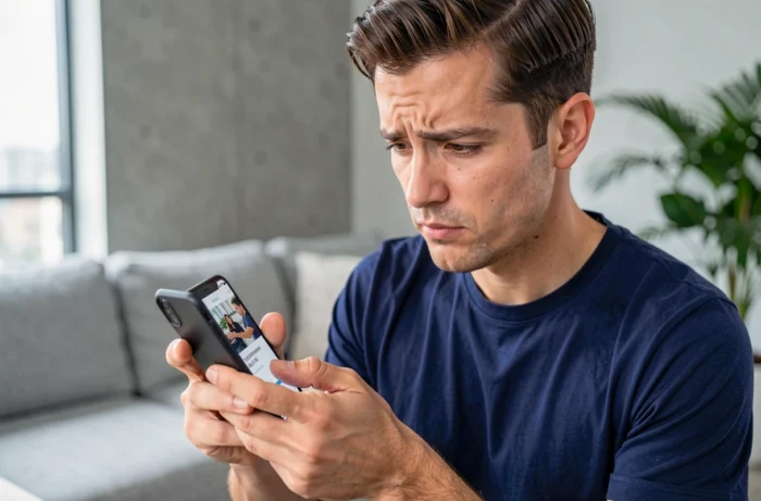 Homme consultant son application mobile Rakuten pour annuler une commande en cours