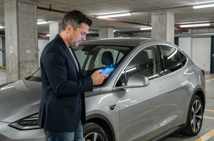 Homme utilisant une application smartphone pour contrôler à distance son SUV électrique dans un parking urbain