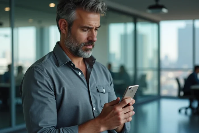 Homme vérifiant une authentification à deux facteurs sur son smartphone dans un bureau moderne pour sécuriser ses comptes en ligne