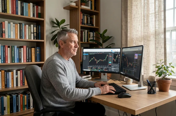 Homme consultant des informations financières fiables sur deux écrans dans un bureau à domicile bien organisé