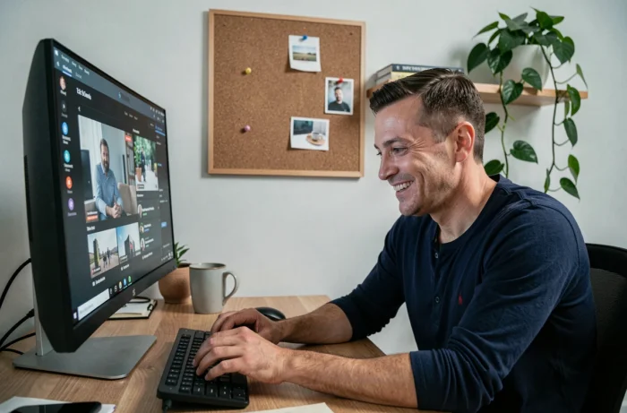 Homme souriant devant son écran d'ordinateur en découvrant des vidéos divertissantes sur internet depuis son bureau à domicile