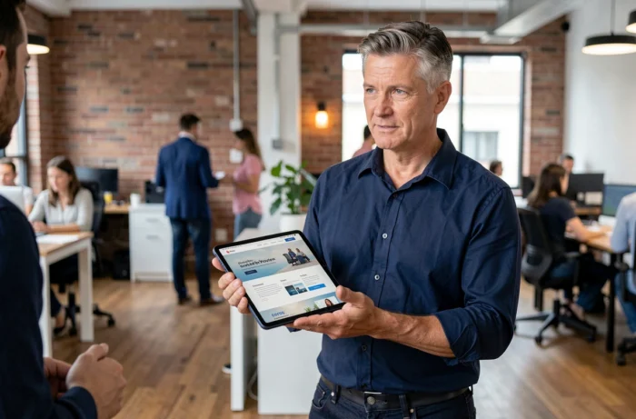 Homme en espace de coworking présentant une maquette de site web responsive sur tablette à un collègue
