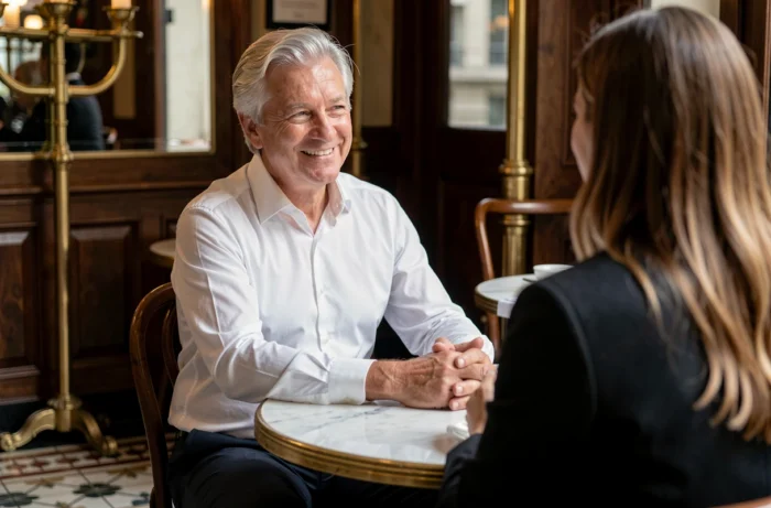Homme distingué aux cheveux argentés souriant à une femme dans une brasserie parisienne classique, moment de complicité intime