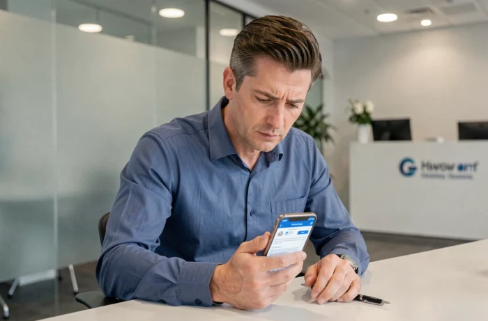 Homme consultant une erreur sur l'application mobile Caisse d'Épargne dans une agence bancaire