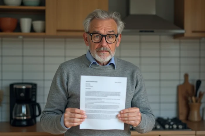 Homme âgé examinant avec méfiance un courrier de recouvrement de créances publiques potentiellement frauduleux