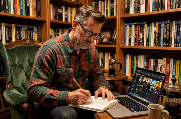 Homme passionné de séries TV prenant des notes dans une bibliothèque personnelle avec un guide d'épisodes et un ordinateur portable affichant une plateforme de streaming