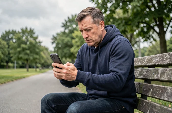 Homme assis sur un banc de parc tenant son smartphone pour tenter de recalibrer le podomètre défaillant