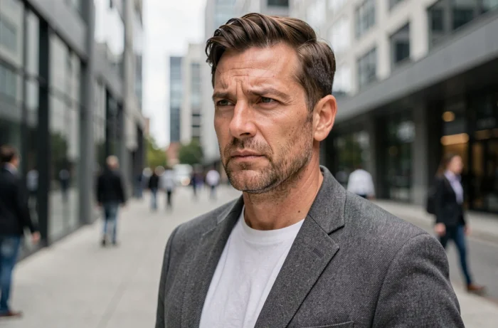 Portrait d'un homme pensif en extérieur urbain, évoquant la pression médiatique liée aux rumeurs sur le couple de Tom Benoit