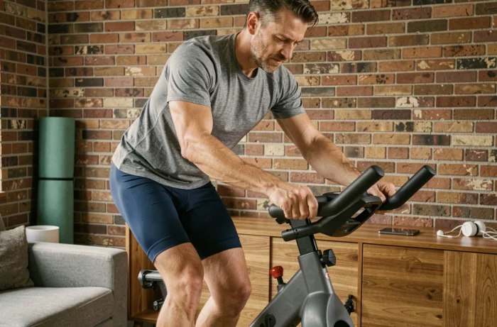 Homme réglant la selle d'un vélo d'appartement dans un appartement urbain aménagé en espace fitness