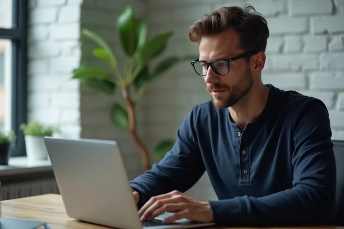 Homme regardant une série française en streaming gratuit sur ordinateur portable dans un bureau moderne